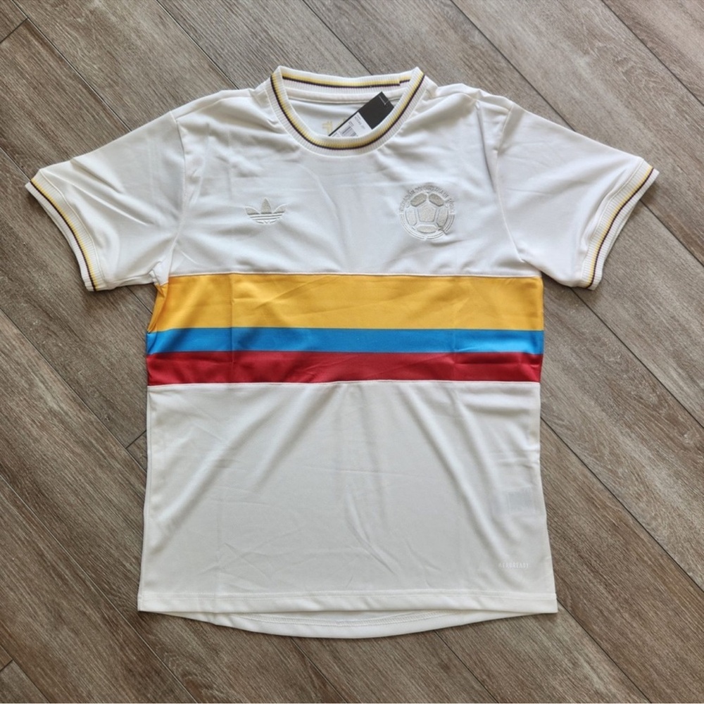 adidas White Short-Sleeve Soccer Stripe Tee with Yellow, Blue & Red